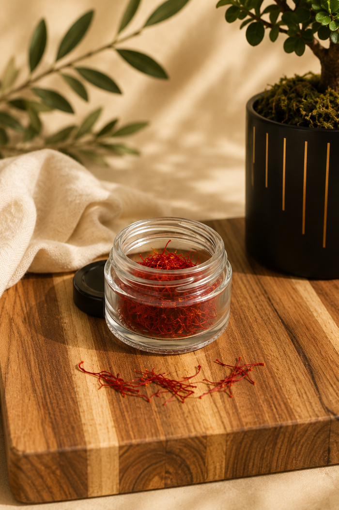 Kashmiri Mongra saffron threads in a glass jar on a wooden board — Valhalla Farms